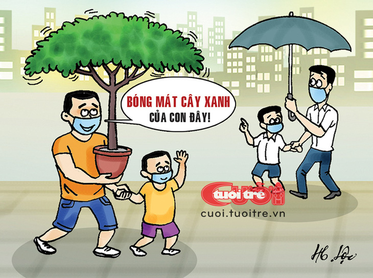 Bóng mát cây xanh di động trong thành phố bê tông - Tranh biếm họa của Hữu Lộc 