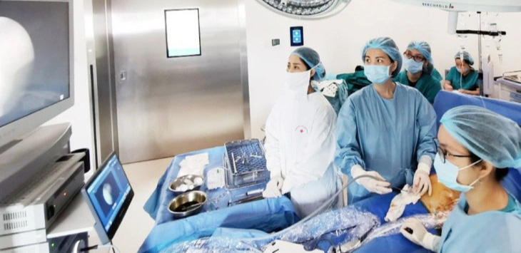 Ca phẫu thuật nội soi laser quang đông điều trị hội chứng truyền máu song thai tại Bệnh viện Phụ sản Hà Nội - Ảnh: BVCC