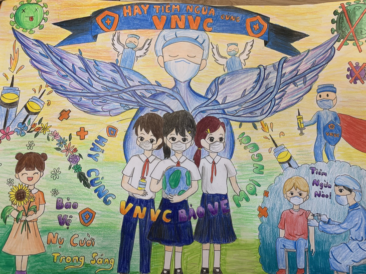 Bức vẽ mang tên “Hãy tiêm ngừa cùng VNVC, cùng VNVC bảo vệ mọi người” của bé Võ Diệu Hân (11 tuổi) đoạt giải bạc, nhóm cộng đồng - Ảnh: Mộc Thảo