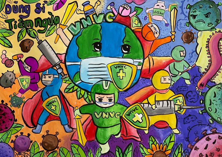 Bức tranh mang tên “Dũng sĩ vắc xin VNVC bảo vệ Trái đất” của em Ngô Mộc Miên (8 tuổi) đoạt giải vàng, nhóm cộng đồng - Ảnh: Mộc Thảo