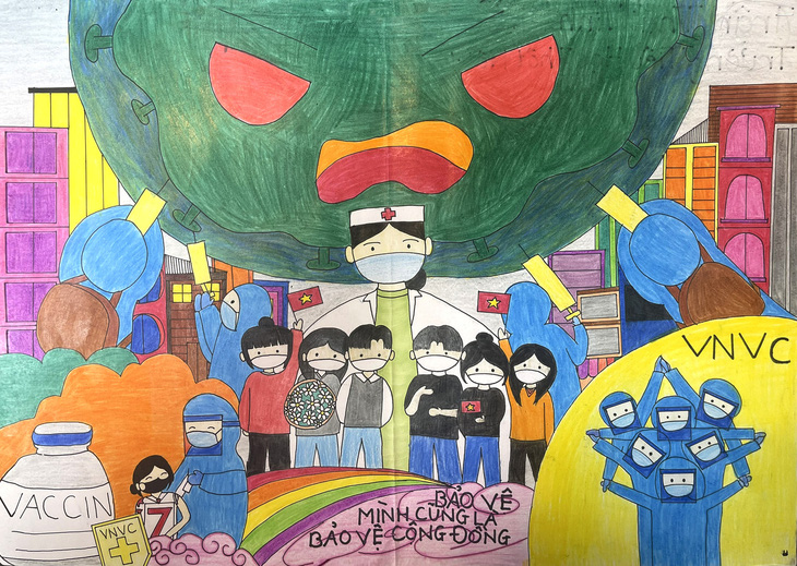 Bức tranh của em Trần Gia Khánh (5 tuổi, Cần Thơ) với thông điệp “Tiêm vắc xin bảo vệ mình và cộng đồng” đoạt giải đặc biệt nhóm Khách hàng VNVC, bảng 3-5 tuổi - Ảnh: Mộc Thảo