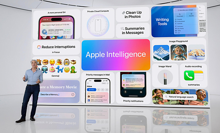 Phó chủ tịch cấp cao Apple Craig Federighi giới thiệu Apple Intelligence trong sự kiện ngày 10-6 - Ảnh: APPLE