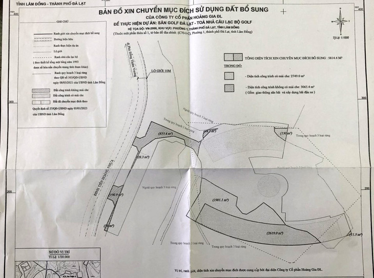 Bản đồ xin chuyển mục đích sử dụng đất để thực hiện công trình tòa nhà câu lạc bộ golf Đồi Cù Đà Lạt - Ảnh: M.V.