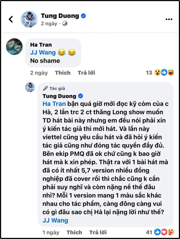 Bình luận của Hà Trần dưới bài viết của Tùng Dương gây tranh cãi những ngày qua.