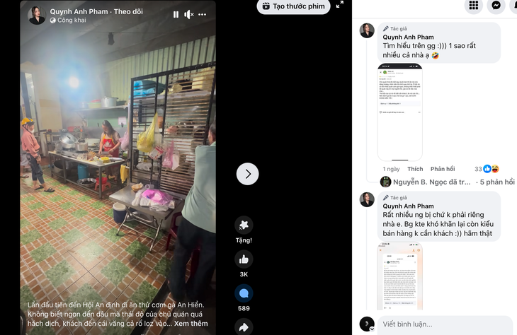 Facebook Quynh Anh Pham đăng clip quay lại đoạn chủ quán An Hiền cự cãi với khách 