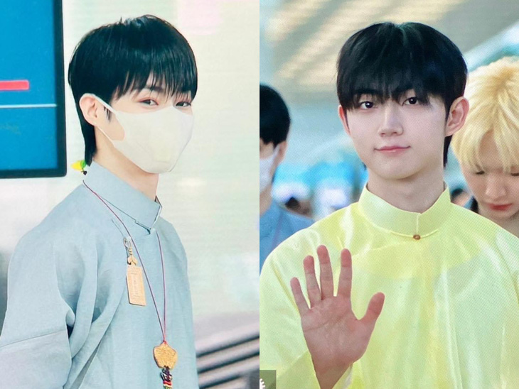 Hình ảnh Hanbin (trái) và thành viên Hyeongseop mặc áo tấc được các fan chụp lại ở sân bay Hàn Quốc