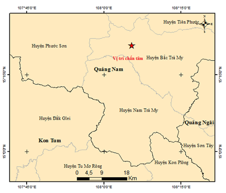 Bản đồ tâm chấn trận động đất thứ ba ở huyện Bắc Trà My có độ lớn 3,4 độ - Ảnh: Viện Vật lý địa cầu