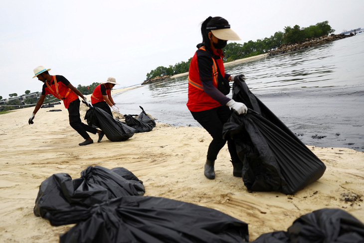 Các nhân viên dọn dẹp dầu loang tại bãi biển Tanjong trên đảo Sentosa, Singapore ngày 15-6 - Ảnh: REUTERS