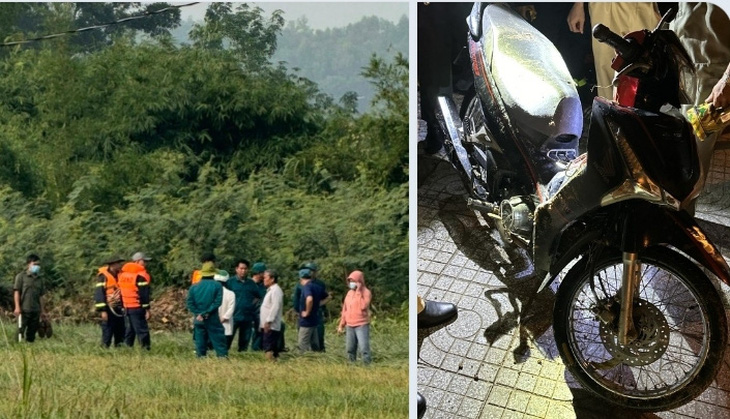 Hiện trường nơi tìm thấy thi thể (ảnh trái) và chiếc xe máy của nạn nhân - Ảnh: B.Đ.
