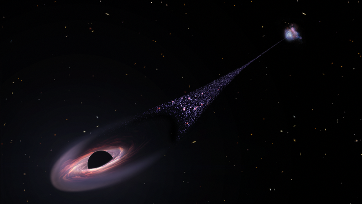 Hình minh họa một hố đen đang phóng ra xa thiên hà của nó, theo sau nó là một vệt sao - Ảnh: NASA, ESA, Leah Hustak (STScI)