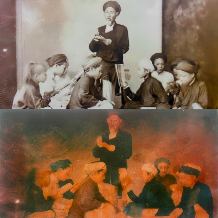 Bức ảnh Giáo dục truyền thống của Toàn quyền Đông Dương Paul Armand Rousseau (trên) và bức tranh Bình văn - Nguồn: T.ĐIỂU chụp lại 