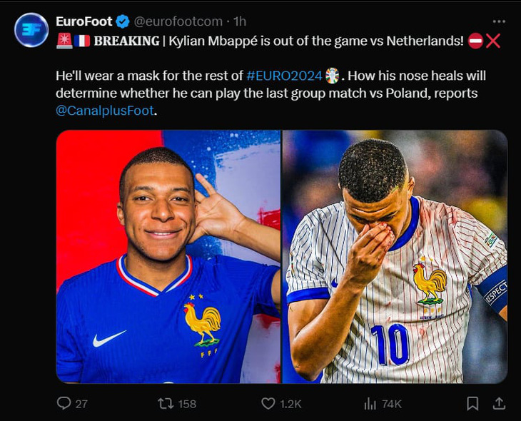 Eurofoot xác nhận Mbappe không thể góp mặt trận đấu gặp Hà Lan - Ảnh: CHỤP MÀN HÌNH