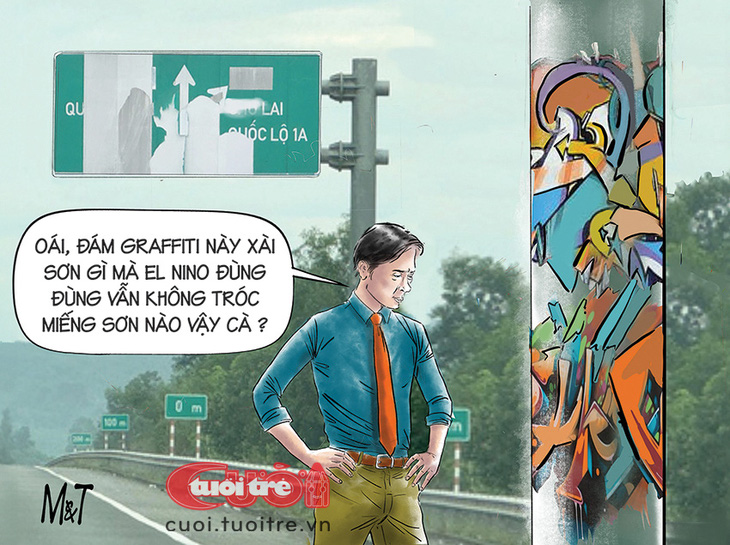 Biển báo cao tốc thua "công nghệ graffiti" - Tranh: Đỗ Minh Tuấn