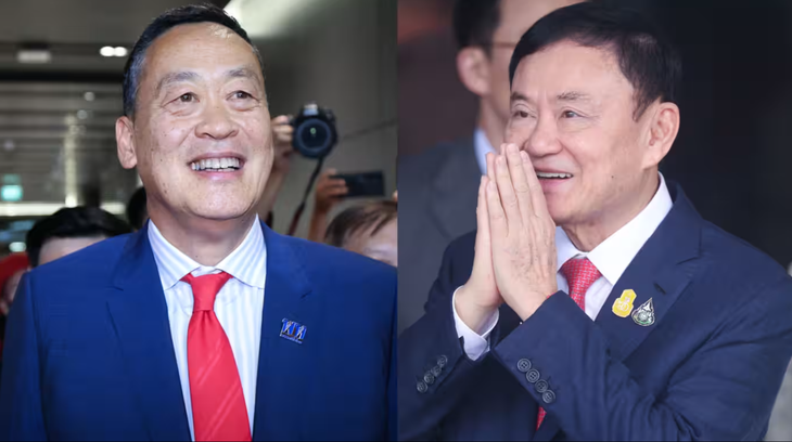 Cựu thủ tướng Thái Lan Thaksin Shinawatra (phải) và Thủ tướng Thái Lan Srettha Thavisin - Ảnh: KEN KOBAYASHI