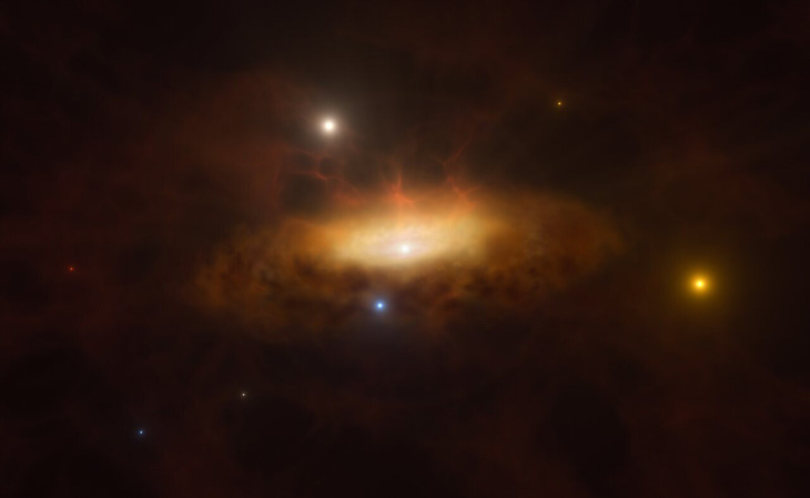 Hình ảnh minh họa cho thấy đĩa vật chất đang phát triển bị lỗ đen hút vào khi nó ăn khí có sẵn ở xung quanh, khiến thiên hà SDSS1335+0728 sáng lên - Ảnh: ESO/M. Kornmesser
