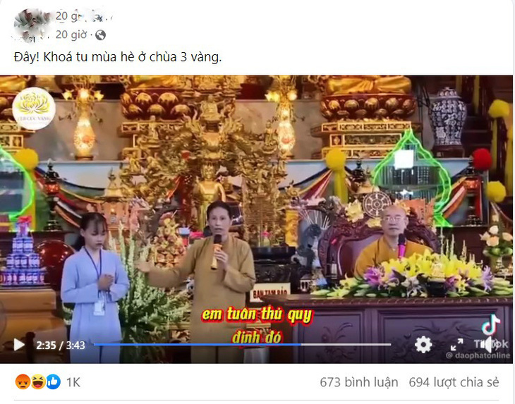 Đoạn video khóa tu mùa hè tại chùa Ba Vàng được chia sẻ gần đây gây xôn xao dư luận - Ảnh: T.THẮNG chụp lại
