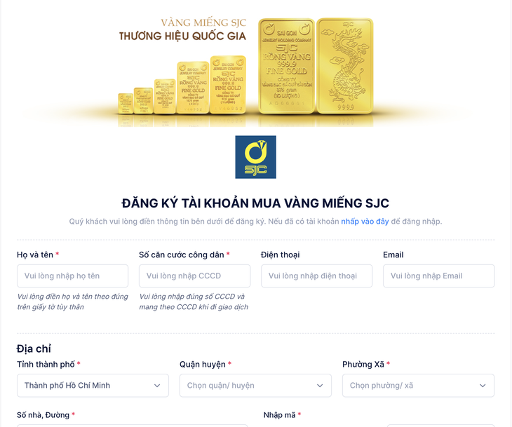 Website đăng ký mua vàng online của Công ty SJC - Ảnh chụp màn hình