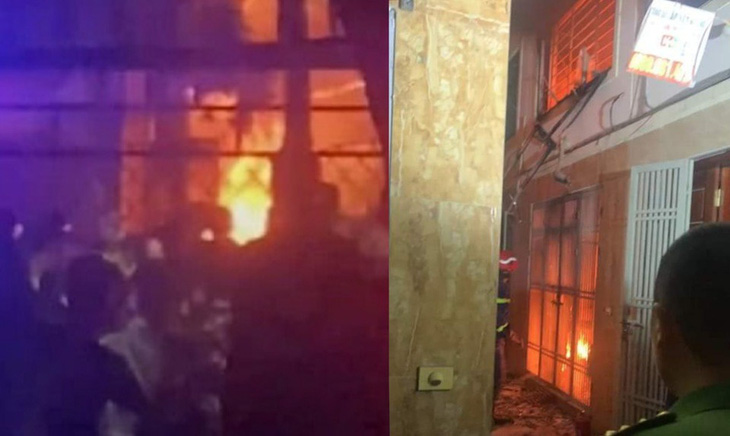 Lực lượng chức năng tiếp cận hiện trường vụ cháy nhà tại Hà Nội - Ảnh: Cắt từ clip
