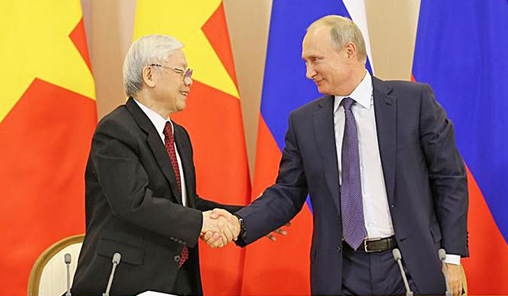 Tổng bí thư Nguyễn Phú Trọng và Tổng thống Nga Vladimir Putin tại cuộc họp báo chung trong khuôn khổ chuyến thăm của Tổng bí thư tới Nga vào năm 2018 - Ảnh: VGP