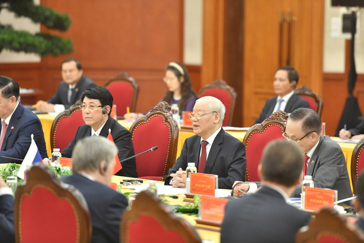 Tổng bí thư Nguyễn Phú Trọng trong buổi hội đàm với Tổng thống Liên bang Nga Vladimir Putin thăm cấp nhà nước tới Việt Nam - Ảnh: DUY LINH