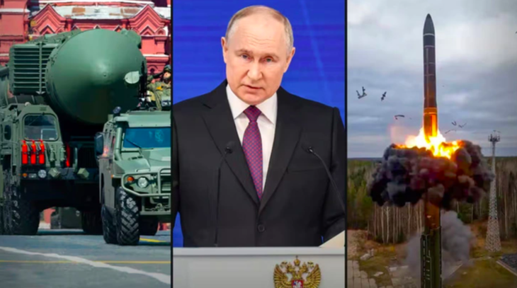 Tên lửa đạn đạo Yars có khả năng mang đầu đạn hạt nhân trong cuộc duyệt binh của Nga năm 2020 (bìa trái), Tổng thống Nga Vladimir Putin (giữa) và tên lửa Yars trong cuộc thử nghiệm ở Nga vào năm 2022 (bìa phải) - Ảnh: SBS News/AAP