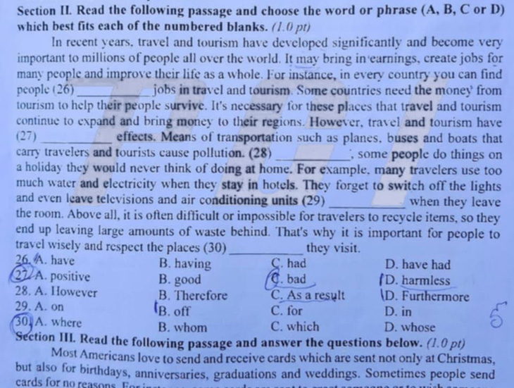 Nội dung câu hỏi số 30 môn tiếng Anh, kỳ thi vào lớp 10 tại Quảng Ngãi năm 2024 - Ảnh: Mạng xã hội