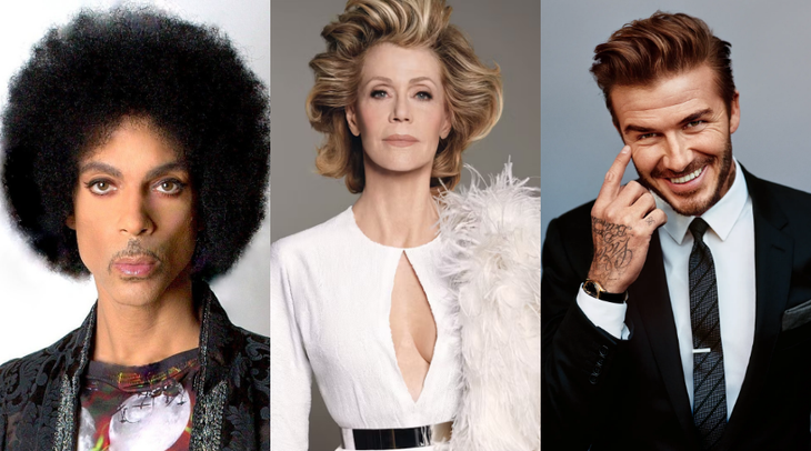 Từ trái sang: cố nghệ sĩ Prince, Jane Fonda, David Beckham
