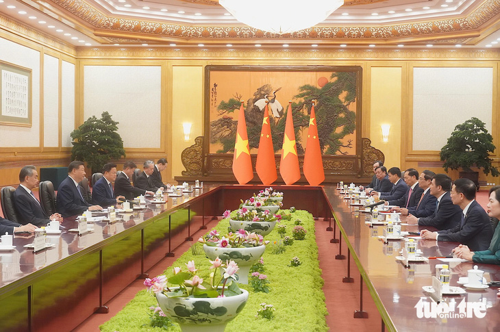 Thủ tướng Phạm Minh Chính hội kiến với Tổng bí thư, Chủ tịch nước Tập Cận Bình - Ảnh: NGỌC AN