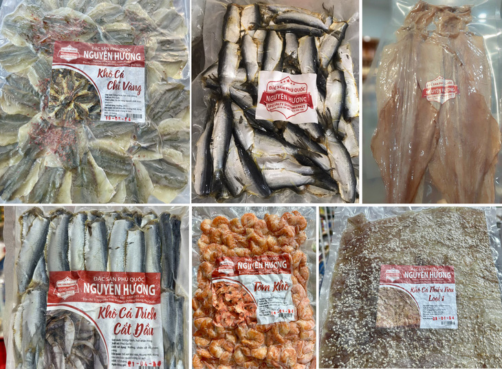 Một số đặc sản nhà làm mang thương hiệu Nguyên Hương: cá chỉ vàng, tôm khô, cá trích, mực một nắng, cá thiều tiêu...