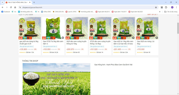 Tài khoản Shopee “Đại lý Gạo Hồng Anh” đăng bán sản phẩm “Gạo Ông Cua” có giá rẻ hơn nhiều so với giá sản phẩm gạo chính hãng - Ảnh: QLTT