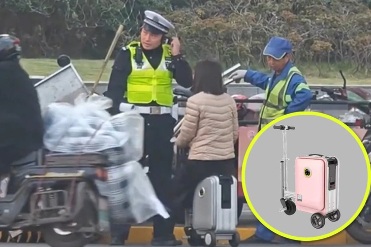 Vụ này không phải trường hợp đầu tiên bị phạt vì lái vali điện trên đường. Tháng 12-2023, một người phụ nữ ở Trung Quốc đã bị cảnh sát phạt tiền và khiển trách, sau khi bị chặn lại vì đang lái một chiếc vali điện băng qua một ngã tư đông đúc ở Thượng Hải - Ảnh: SCMP/The Paper/Taobao