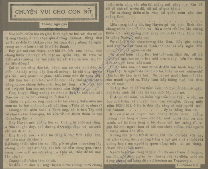 Bản in truyện ngắn "Thằng ngã gió" của Phan Khôi với bút danh Chương Dân trên Phụ nữ Tân Văn