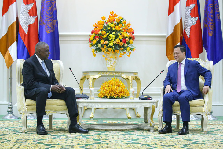 Thủ tướng Campuchia Hun Manet tiếp Bộ trưởng Quốc phòng Mỹ Lloyd Austin ngày 4-6 - Ảnh: Khmer Times
