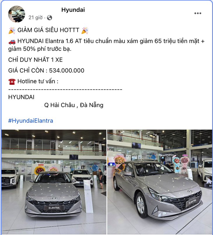 Một đại lý tại Đà Nẵng đang bán chiếc Hyundai Elantra bản Tiêu chuẩn với giá chỉ 534 triệu đồng - Ảnh chụp màn hình