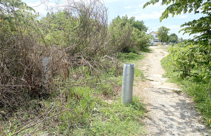 Cột bê tông bọc tôn do người dân tự đóng ở đầu các đường vào để ngăn xe né trạm thu phí - Ảnh: B.D.