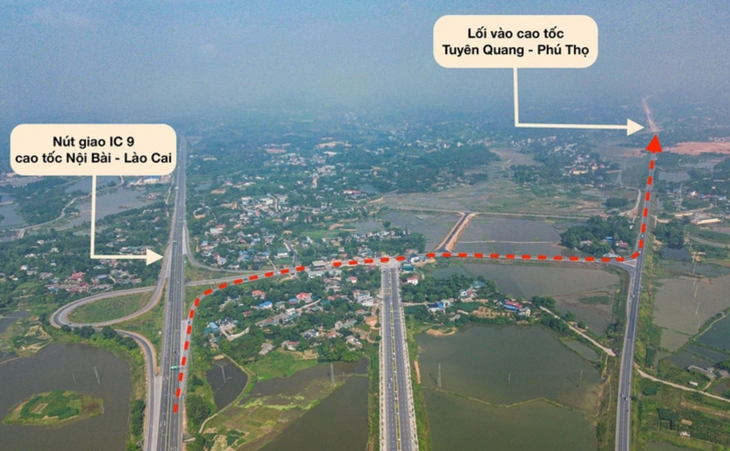 Đoạn đường Hồ Chí Minh (đường ngang có nét đứt màu đỏ) từ nút giao IC9 cao tốc Nội Bài - Lào Cai tới cao tốc Tuyên Quang - Phú Thọ sẽ được mở rộng thành cao tốc 4 làn xe đầy đủ - Ảnh: HỒNG QUANG