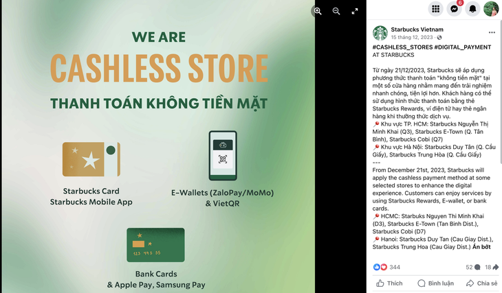 Theo Starbucks, việc chuyển qua hình thức thanh toán 100% không tiền mặt mang đến trải nghiệm nhanh chóng, tiện lợi hơn cho khách hàng - Ảnh: Chụp màn hình