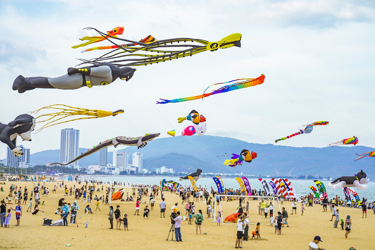 Hàng ngàn người dân và du khách đổ về biển Quy Nhơn để ngắm những cánh diều tung bay trong gió - Ảnh: DŨNG NHÂN
