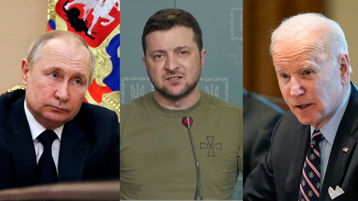 Từ trái sang: Tổng thống Nga Vladimir Putin, Tổng thống Ukraine Volodymyr Zelensky, Tổng thống Mỹ Joe Biden - Ảnh: NEWSWEEK