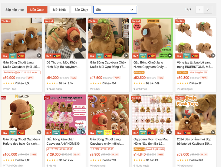 Các shop online kiếm bội tiền nhờ bán gấu bông Capybara - Ảnh: Chụp màn hình