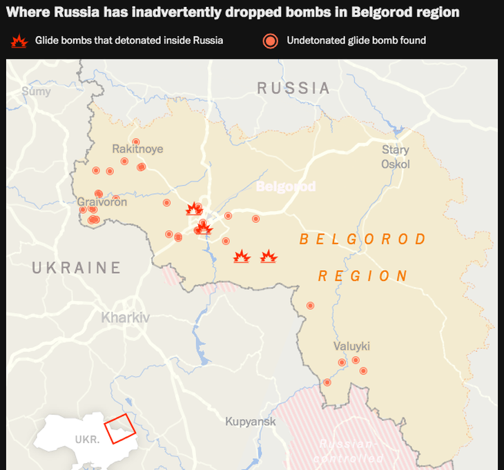 Nơi những quả bom lượn rơi ở vùng Belgorod của Nga. Trong đó có những quả bom lượn đã phát nổ trong lãnh thổ Nga và những quả bom lượn chưa phát nổ được tìm thấy - Đồ họa: WASHINGTON POST