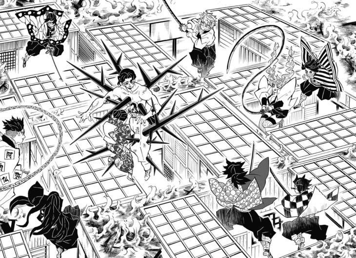 Một trang manga trong phần Đại chiến Vô Hạn thành, người hâm mộ Kimetsu no Yaiba đang rất ngóng chờ những tình tiết này được chuyển thể lên màn ảnh - Ảnh: Shōnen Jump