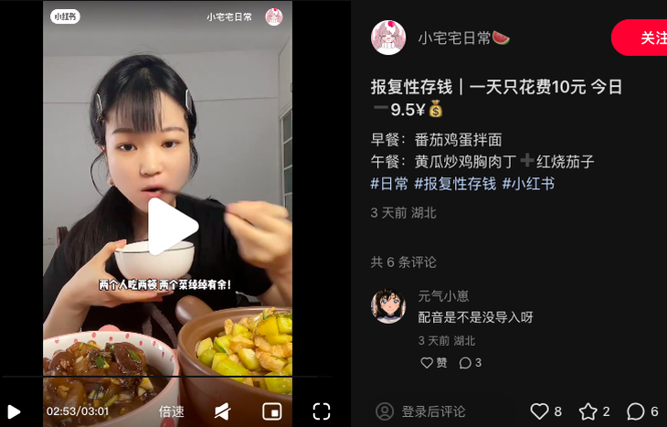 Tài khoản Little Zhai Zhai chia sẻ về những bữa ăn tiết kiệm trên mạng xã hội Xiaohongshu - Ảnh chụp màn hình