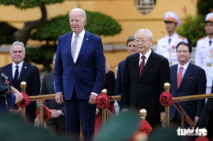 Tổng bí thư Nguyễn Phú Trọng chủ trì lễ đón Tổng thống Mỹ Joe Biden vào tháng 9-2023 - Ảnh: NAM TRẦN