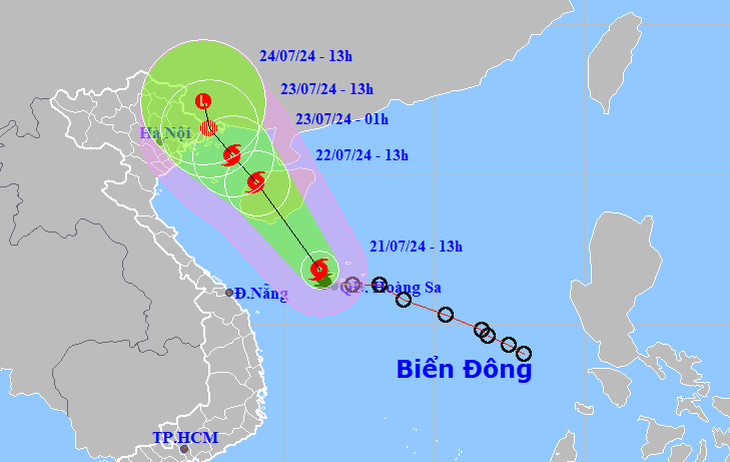 Vị trí và hướng di chuyển bão số 2 lúc 13h chiều 21-7 - Ảnh: NCHMF