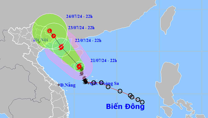 Vị trí và hướng di chuyển bão số 2 lúc 22h tối 21-7 - Ảnh: NCHMF