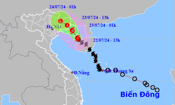 Vị trí và hướng di chuyển bão số 2 lúc 13h chiều 22-7 - Ảnh: NCHMF