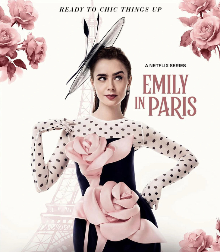 Lily Collins diện trang phục của Đỗ Mạnh Cường xuất hiện trên poster phim Emily in Paris - Ảnh: Facebook Do Manh Cuong