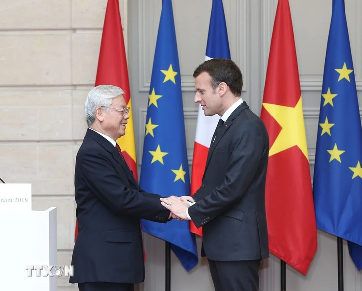 Tổng bí thư Nguyễn Phú Trọng và Tổng thống Pháp Emmanuel Macron trong chuyến thăm chính thức của Tổng bí thư đến Pháp năm 2018 - Ảnh: TTXVN