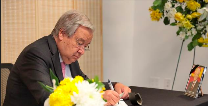 Thay mặt Liên Hiệp Quốc, Tổng thư ký Antonio Guterres gửi lời chia buồn sâu sắc nhất tới Chính phủ, nhân dân Việt Nam và gia đình Tổng bí thư Nguyễn Phú Trọng - Ảnh: TTXVN